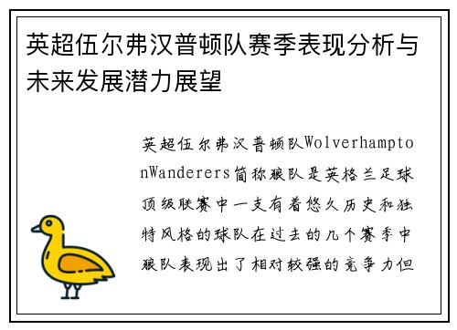英超伍尔弗汉普顿队赛季表现分析与未来发展潜力展望